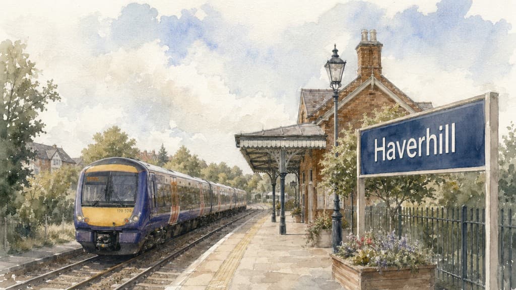 Watercolour illustration of a restored Haverhill station — a passenger train at the platform alongside a brick station building with canopy, an ornate Victorian lamp post, a 'Haverhill' platform sign and the town's church tower in the distance.