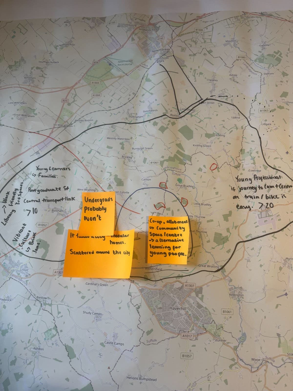 Map with sticky notes showing ideas for different areas
