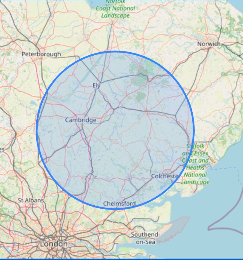 Map of East Anglia with a 30-mile radius around Forest City, reaching Cambridge, Ely, Colchester and the edge of Chelmsford