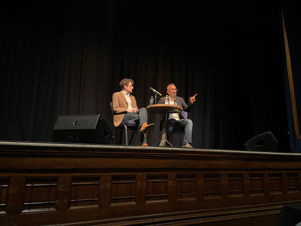 Joe and Shiv on stage at the Haverhill Arts Center
