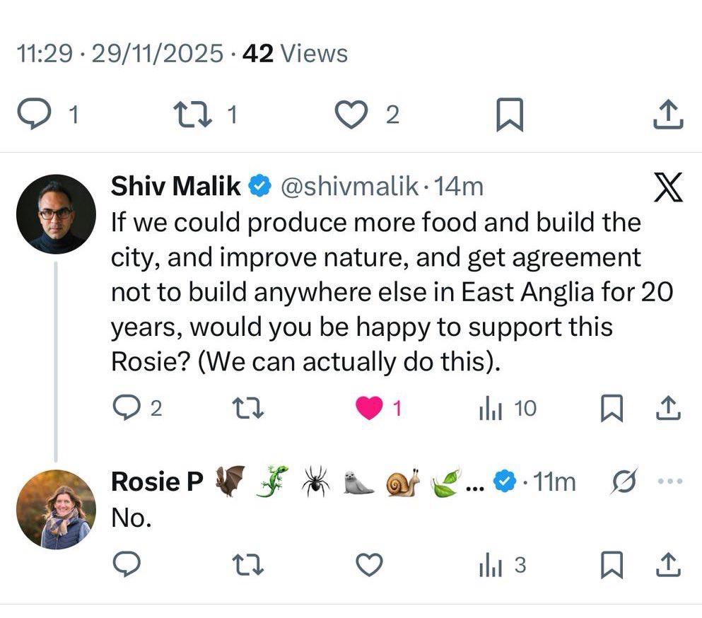 Twitter exchange between Shiv Malik and Rosie Pearson. Shiv asks if Forest City could produce more food, build the city, improve nature, and get agreement not to build anywhere else in East Anglia for 20 years, would Rosie support it. Rosie's reply: No.